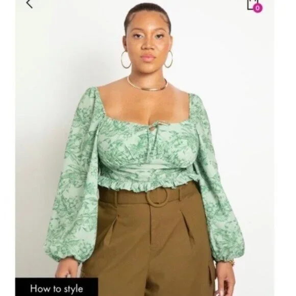 NWT Eloquii Green Floral Cropped Shirt with Long Balloon Sleeves - Picture 1 of 7